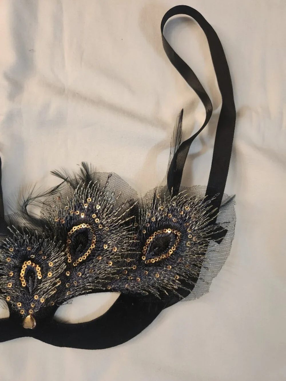 Women's Masquerade Mask Black Fancy Sequin Faux Peacock Feather
